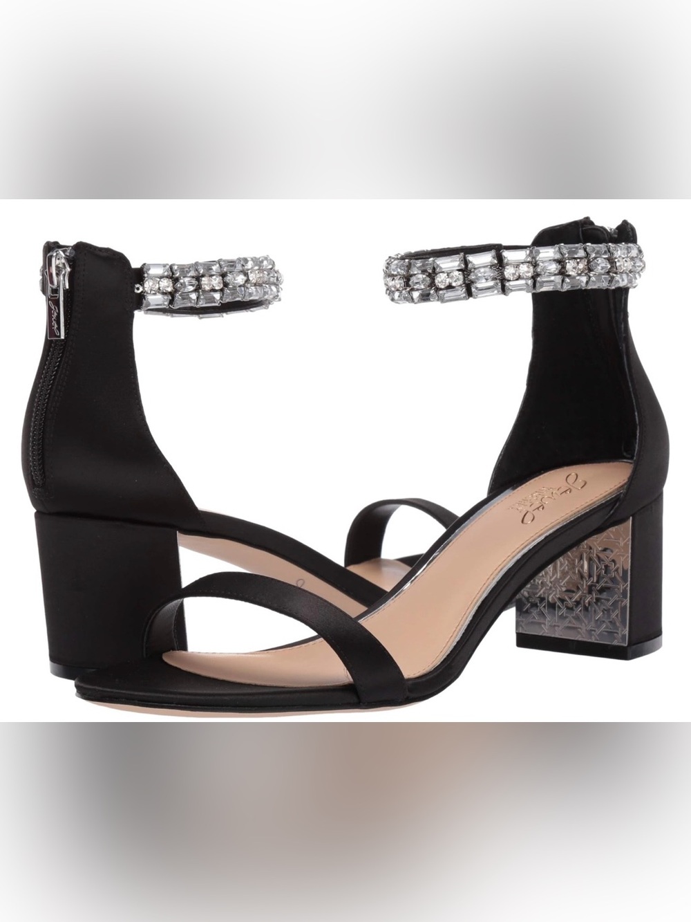 Jewel Badgley Mischka Mayra Black Rhinestone Ankle Strap Block Heel Sandal
